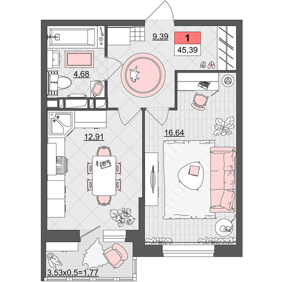 45,4 м², 1-комнатная квартира 5 719 140 ₽ - изображение 1