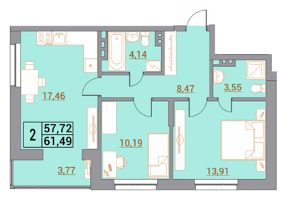 Квартира 61,5 м², 2-комнатная - изображение 1