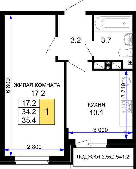 35,4 м², 1-комнатная квартира 4 425 000 ₽ - изображение 1