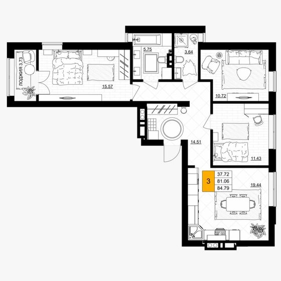 84,8 м², 3-комнатная квартира 9 411 690 ₽ - изображение 12