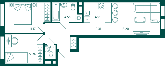 Квартира 55,4 м², 2-комнатная - изображение 1