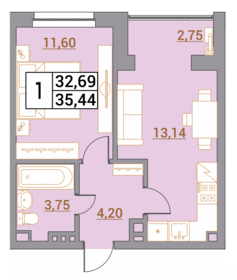 Квартира 35,4 м², 1-комнатная - изображение 1