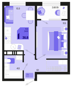 36,8 м², 1-комнатная квартира 6 208 160 ₽ - изображение 3