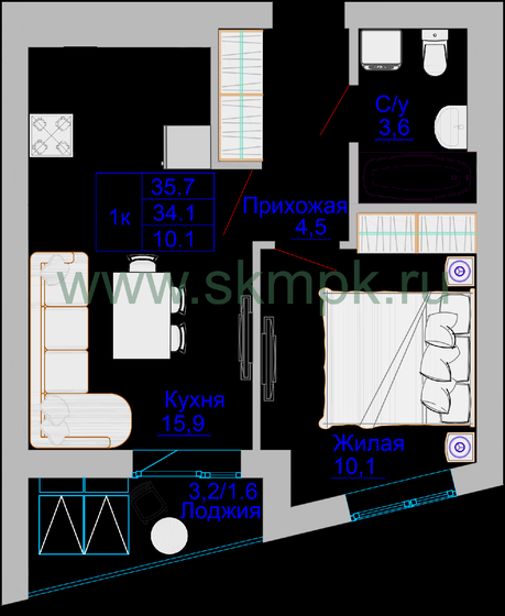 35,7 м², 1-комнатная квартира 4 462 500 ₽ - изображение 1