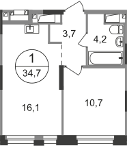 Квартира 34,7 м², 1-комнатная - изображение 1