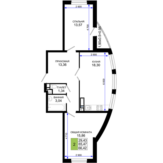 66,4 м², 2-комнатная квартира 7 704 720 ₽ - изображение 1