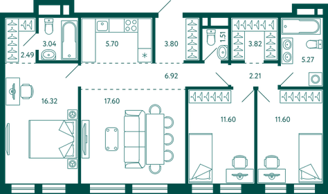 Квартира 91,9 м², 3-комнатная - изображение 1