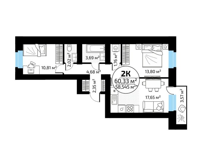 60,3 м², 2-комнатная квартира 6 164 761 ₽ - изображение 1