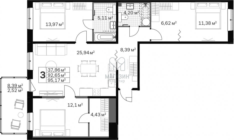 93 м², 3-комнатная квартира 34 270 000 ₽ - изображение 1