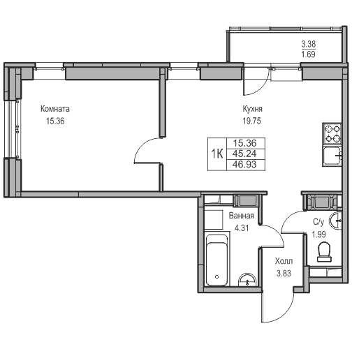 45,2 м², 1-комнатная квартира 8 550 646 ₽ - изображение 1
