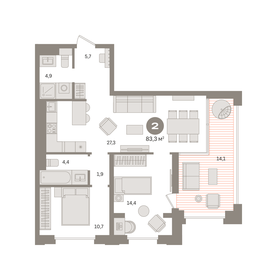 Квартира 83,3 м², 2-комнатная - изображение 1