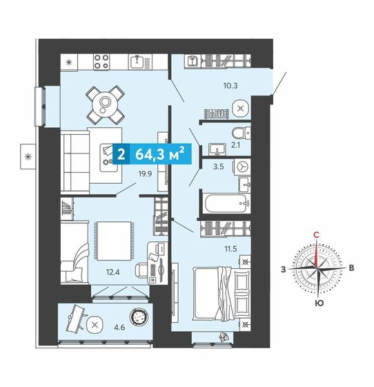 64,3 м², 2-комнатная квартира 5 635 800 ₽ - изображение 1