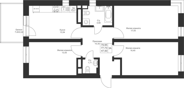 82,7 м², 3-комнатная квартира 10 168 410 ₽ - изображение 86