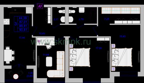 Квартира 90,8 м², 3-комнатные - изображение 1