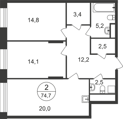 74,7 м², 2-комнатная квартира 16 077 390 ₽ - изображение 1