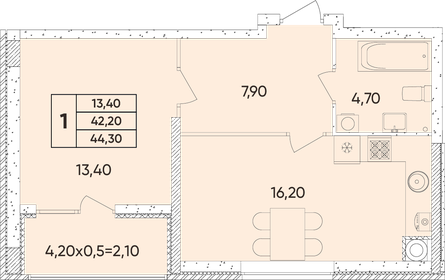 Квартира 44,3 м², 1-комнатная - изображение 1