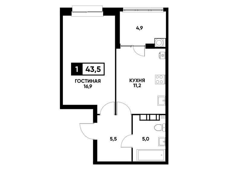 43,5 м², 1-комнатная квартира 4 506 600 ₽ - изображение 1