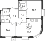 Квартира 74,2 м², 2-комнатная - изображение 1