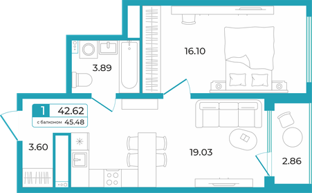 41,4 м², 1-комнатная квартира 6 410 000 ₽ - изображение 1