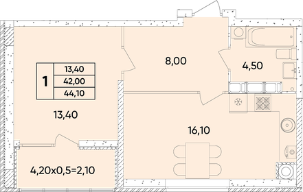 Квартира 44,1 м², 1-комнатная - изображение 1