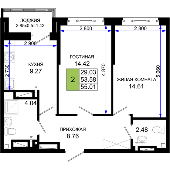 55 м², 2-комнатная квартира 6 601 200 ₽ - изображение 1