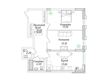 Квартира 76,8 м², 2-комнатная - изображение 1