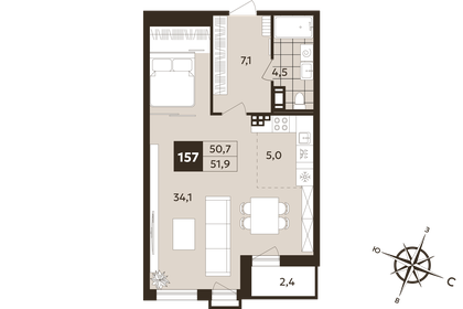 Квартира 50,7 м², 1-комнатная - изображение 1