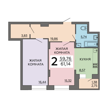 61,1 м², 2-комнатная квартира 7 642 500 ₽ - изображение 1