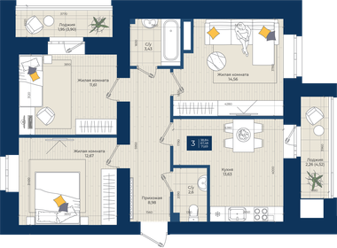 Квартира 71,7 м², 3-комнатная - изображение 1