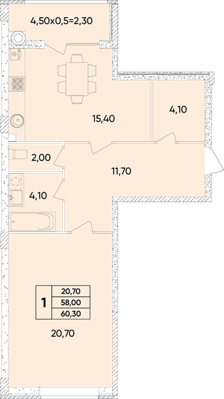 60,3 м², 1-комнатная квартира 7 416 900 ₽ - изображение 1