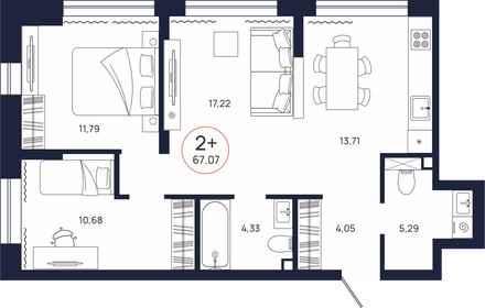 Квартира 67,1 м², 2-комнатная - изображение 1