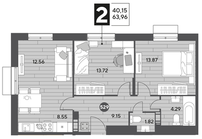 Квартира 64 м², 2-комнатная - изображение 1