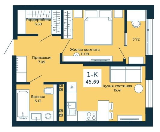 45,7 м², 1-комнатная квартира 6 190 000 ₽ - изображение 1