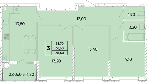 Квартира 68,4 м², 3-комнатная - изображение 1