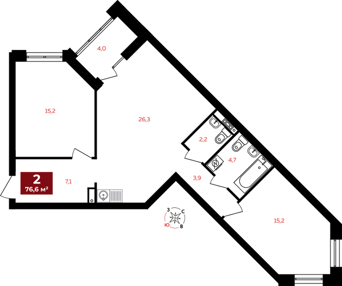 76,6 м², 2-комнатная квартира 14 937 000 ₽ - изображение 1