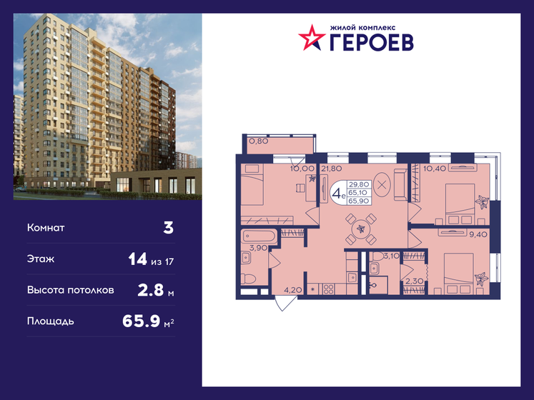 65,9 м², 3-комнатная квартира 11 473 190 ₽ - изображение 1