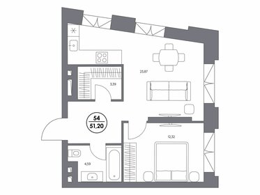 Квартира 51,2 м², 1-комнатные - изображение 1