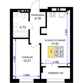 Квартира 43,2 м², 1-комнатная - изображение 1