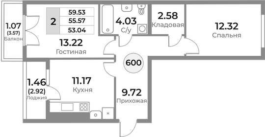 Квартира 55,6 м², 2-комнатная - изображение 1