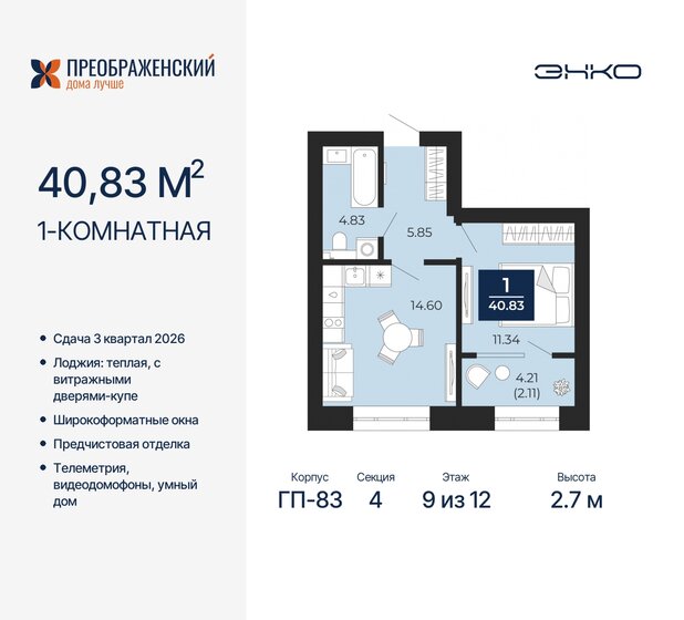 40,8 м², 1-комнатная квартира 9 500 000 ₽ - изображение 17