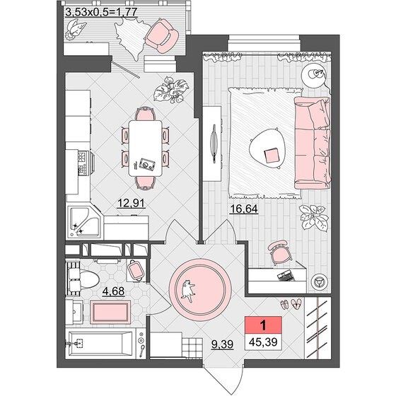 45,4 м², 1-комнатная квартира 5 719 140 ₽ - изображение 1