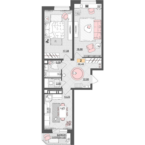 68,5 м², 2-комнатная квартира 8 560 000 ₽ - изображение 1