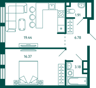 Квартира 47,7 м², 1-комнатная - изображение 1