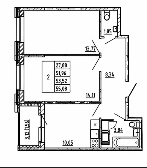 55,1 м², 2-комнатная квартира 7 100 000 ₽ - изображение 1