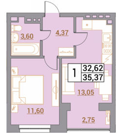 Квартира 35,4 м², 1-комнатная - изображение 1