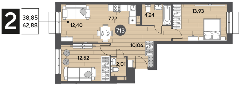 Квартира 62,9 м², 2-комнатная - изображение 1