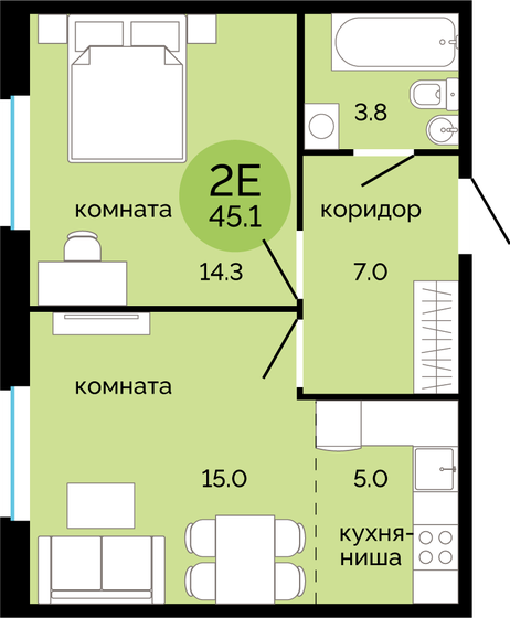 45,1 м², 2-комнатная квартира 5 060 000 ₽ - изображение 1