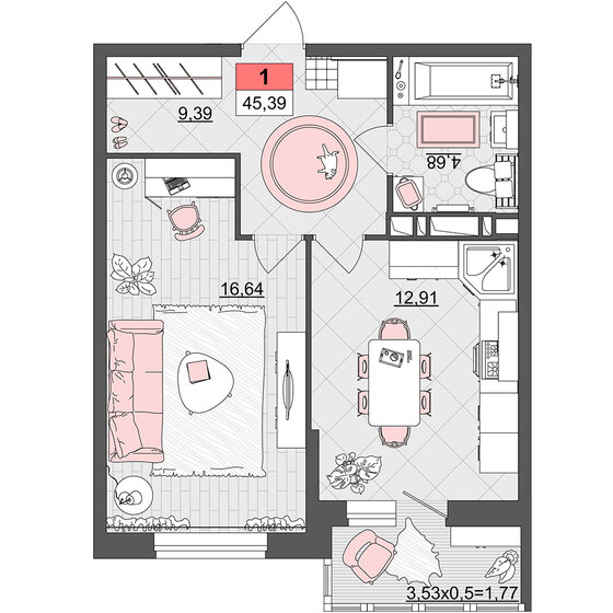 45,4 м², 1-комнатная квартира 5 719 140 ₽ - изображение 51