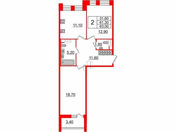 62 м², 2-комнатная квартира 20 088 000 ₽ - изображение 1