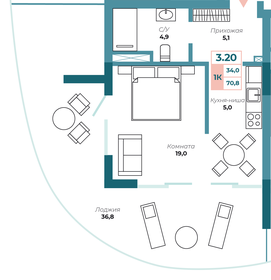 Квартира 70,8 м², 1-комнатные - изображение 1